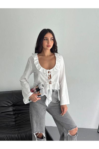 gelirr Linen Long Sleeve Blouse with Lacing Detail - White