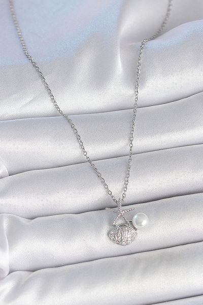 Skygo 316L Steel Silver Color Chain Zircon Stone Sea Shell Model Pearl Detail Women's Necklace - Tj-Bko10044