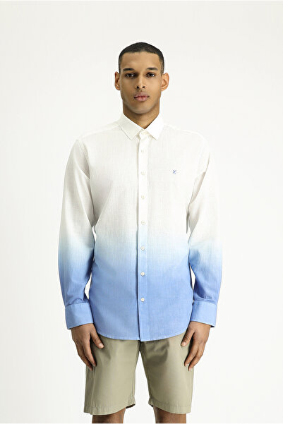 Kiğılı Uzun Kol Regular Fit Spor Desenli Düğmeli Yaka Keten Görünümlü Pamuk Gömlek