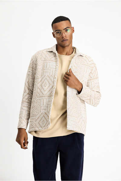 Kiğılı Uzun Kol Oversize Desenli Kürklü Pamuklu Gömlek / Mont