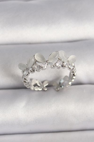 norsary Brass Silver Color Zircon Stone White Enamel Butterfly Model Adjustable Ring