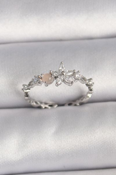 norsary Brass Silver Color Zircon Stone Flower Model Adjustable Ring