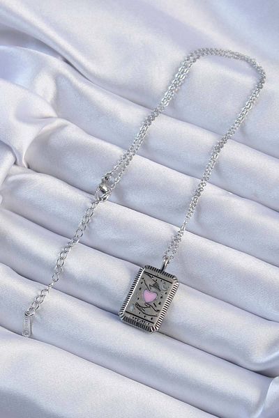 Skygo 316L Steel Chain Antique Silver Color Pink Enamel Heart Figure Tarot Necklace - Tj-Bko9232