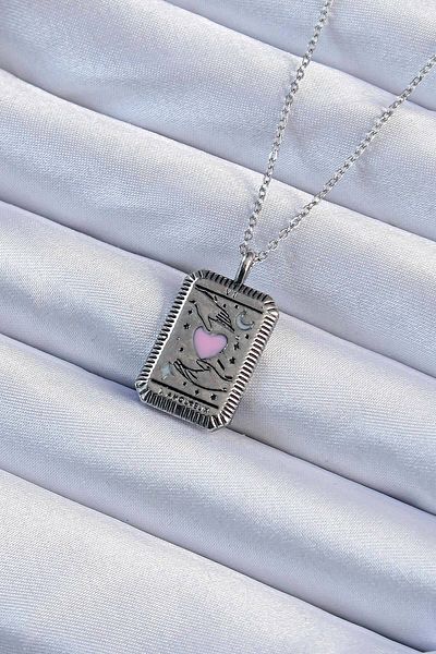 Skygo 316L Steel Chain Antique Silver Color Pink Enamel Heart Figure Tarot Necklace - Tj-Bko9232