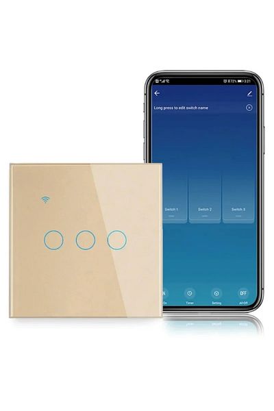 iUni Smart touch switch, WiFi, Tempered glass, iUni 3G, 10A, Voice control, Smart Life / Tuya, LED, Gold