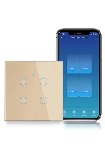 iUni Smart touch switch, WiFi, Tempered glass, iUni 4G, 10A, Voice control, Smart Life / Tuya, LED, Gold