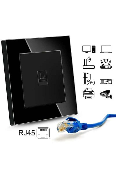 iUni RJ45 internet socket, Cat6, Tempered glass frame, iUni SD, Black