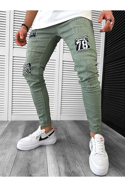 dehaine Men's slim fit jeans, with rips and writing, 1258, green