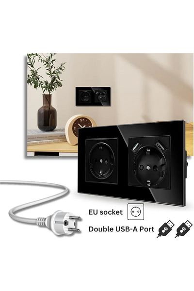 iUni Double socket with tempered glass frame, 2 USB-A ports, iUni US2, 16A, Black