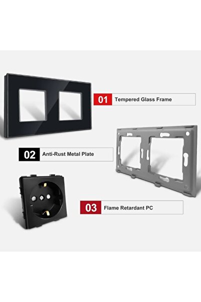 iUni Dvojitá zásuvka s tvrzeným skleněným rámečkem WS2, 16A, černá