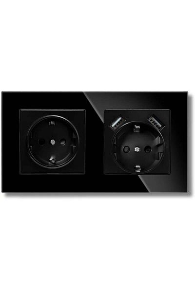iUni Double socket with tempered glass frame, 2 USB-A ports, iUni US2, 16A, Black
