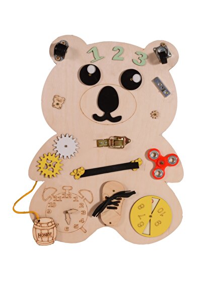 Moni Placa senzoriala Moni Busy Board Ursulet, cu activitati Montessori, din lemn de pin, 50 x 38 cm