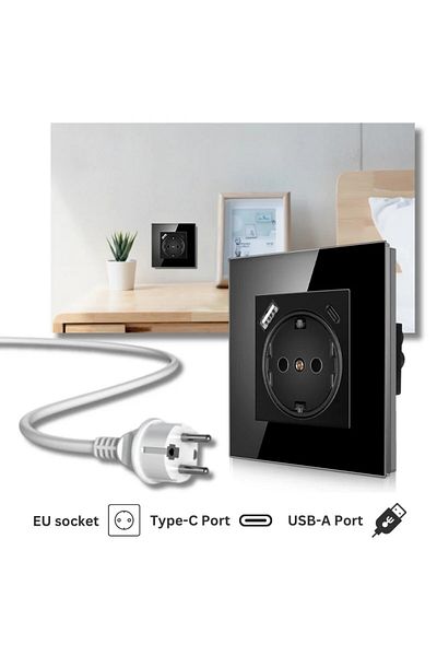 iUni Tempered glass frame socket, USB-A and USB-C ports, iUni UC1, 16A, Black