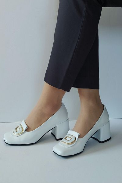 ERS Air Comfort Women's White Genuine Leather Classic Heeled Shoes Blunt Toe Buckle Detailed