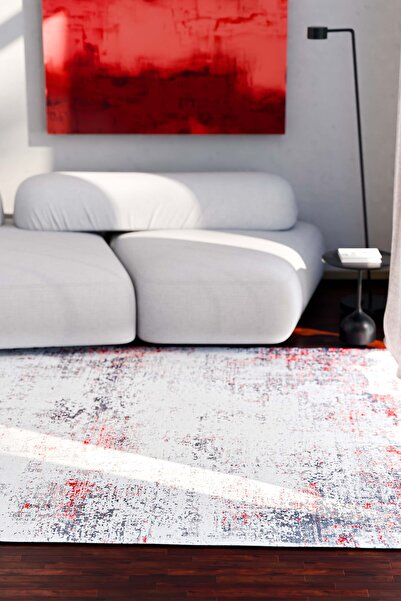 Serente Home Abstract Patterned Washable Non-Slip Base Chenille Gray Red Kitchen Carpet 4166