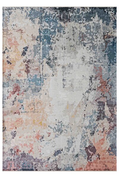 Serente Home Abstract Patterned Washable Non-Slip Base Chenille Cream Blue Orange Kitchen Rug 4142