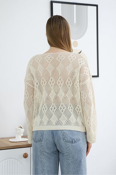 ALCHON Wide Churned V-Neck Argyle Pattern Comfortable Fit Long Sleeve Openwork Perforated Summer Stylish Tirko Pullover Blouse