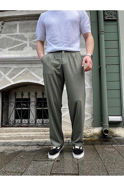 Z1MAN Men's Pleated Baggy Elastic Waist Fabric Pants-Green