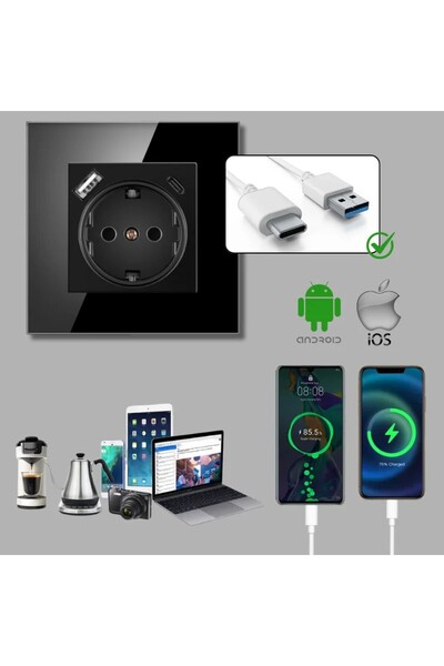 iUni Zásuvka s tvrzeným skleněným rámem, porty USB-A a USB-C, UC1, 16A, černá