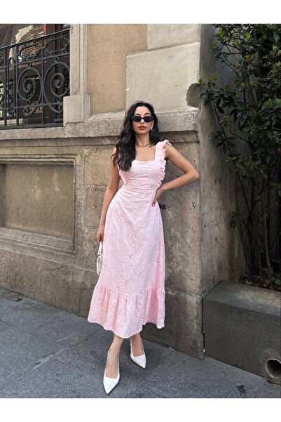 SUN STYLE Sırtı Fiyonk Bağlama Detaylı İTHAL FİSTO FIRFIR DETAY ASTARLI MİDİ ELBİSE