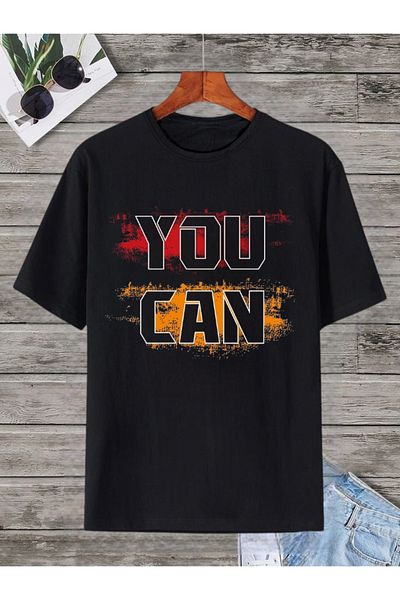 ELNOYA Cotton Black Oversize T-Shirt "You Can" Printed Comfortable Casual T-Shirt