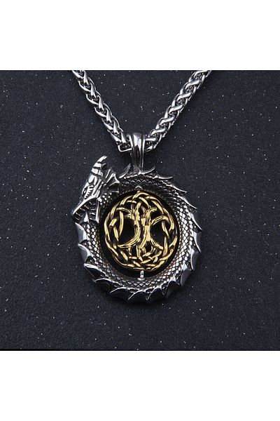 Viking Tree of Life Ouroboros Dragon Rotating Locket Nordic Mythology 316L Steel Pendant