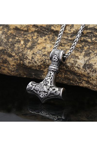 Viking Scandinavian Mythology Thor Mjollnir Stainless & Tarnish Resistant 316L Steel Necklace with Nordic Figure