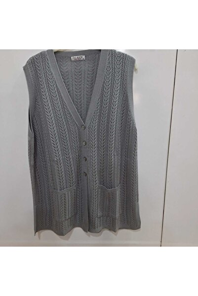 NUR TEKSTİL kadın Anne gri merserize cepli büyük beden yazlık yelek