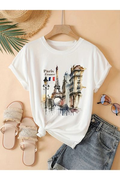 Pink Sky Cotton Oversize Eiffel Tower Short Sleeve Crew Neck Comfortable Casual T-Shirt