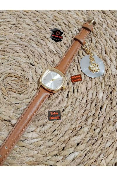 Brality Charm Butterfly.. Real Leather Vintage Oval Square Women Wristwatch.. Tan Cord.. Gold Case... 0021