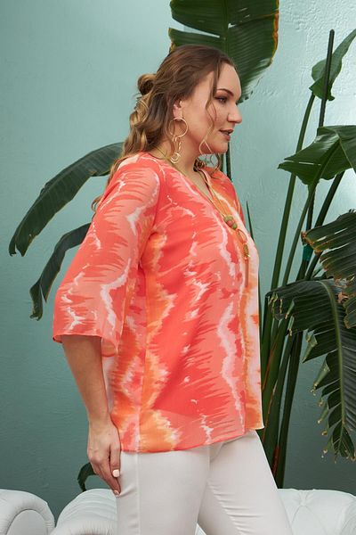 RMG Large Size Patterned Blouse with Necklace Fuchsia
