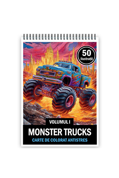Legendary Gifts Carte de colorat antistres, 50 de ilustratii, Monster Trucks ...