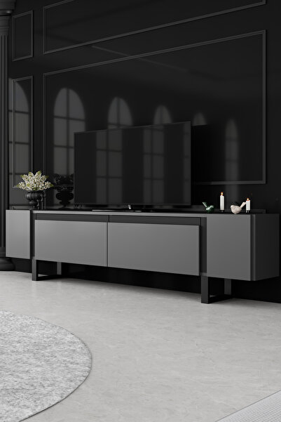 Modatte YILDIZ SİYAH METAL AYAKLI SİYAH TASARIM ANTRASİT TV ÜNİTESİ