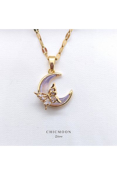 CHICMOON STORE Steel Gold Color Butterfly Detailed Lilac Moon Necklace