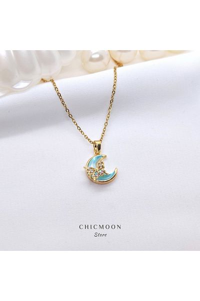 CHICMOON STORE Steel Gold Color Blue Moon Necklace with Butterfly Detail