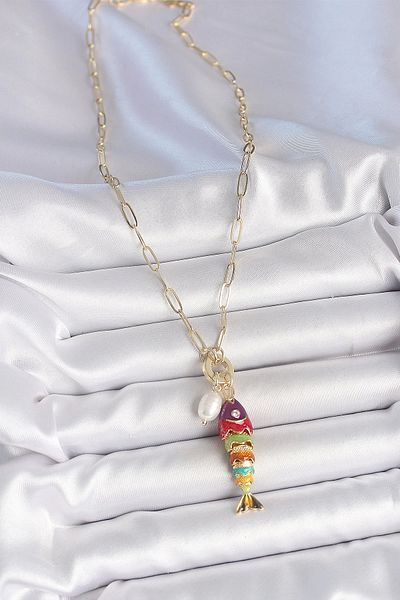 Clariss Pearl Detailed Zircon Stone Rainbow Fish Figured Gold Color Brass Necklace