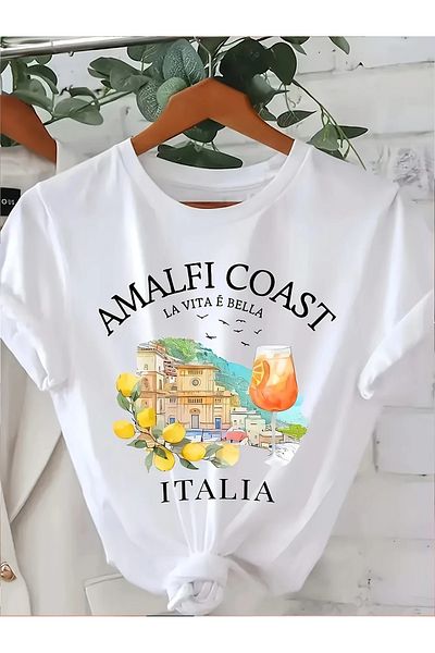 Pink Sky Cotton Oversize Amalfi Coast Short Sleeve Crew Neck Comfortable Casual T-Shirt