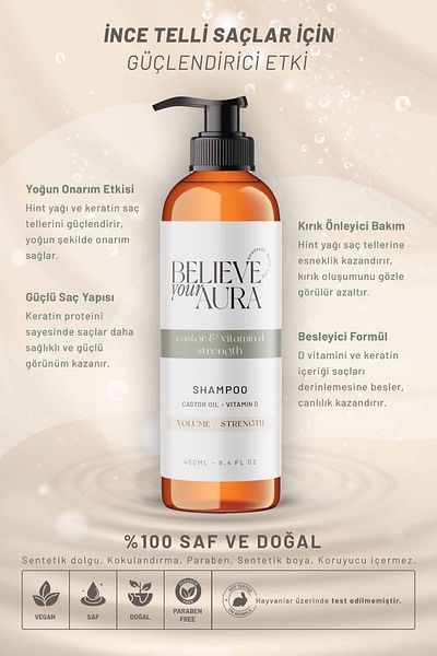 Believe Your Aura Castor Oil Shampoo - Strengthening Volume and Plumping Natural Hair Care Shampoo with Vitamin D - 400 ml