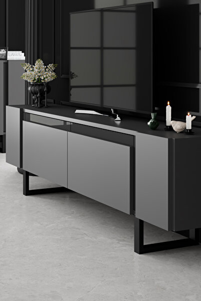 Modatte YILDIZ SİYAH METAL AYAKLI SİYAH TASARIM ANTRASİT TV ÜNİTESİ