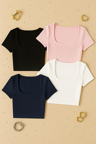 Imoda Kadın 4'lü Paket Yarım Kol Düz Yaka Crop Top Bluz