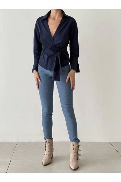 Myra Double Breasted Blouse Shirt with Binding Detail-Navy Blue