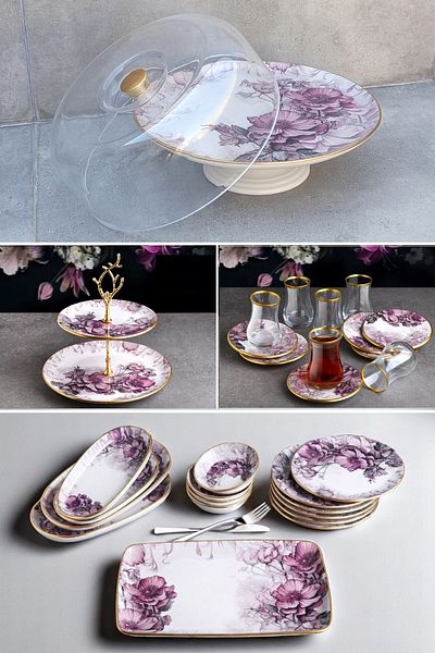 Pinkev 30 Piece 6-Person Ceramic Cake Breakfast Presentation Plate Set - Purple Flower