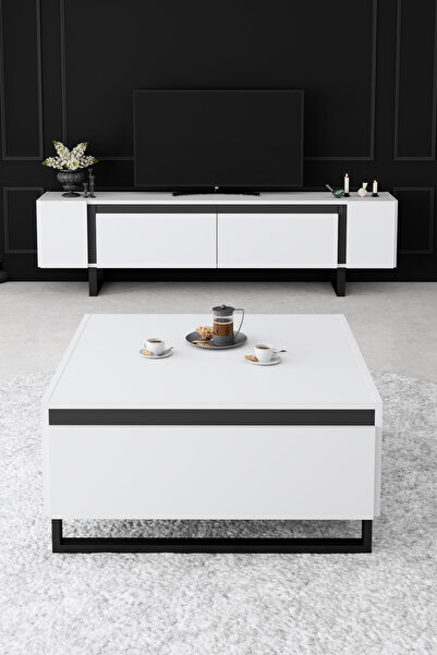 Modatte YILDIZ SİYAH METAL AYAKLI SİYAH TASARIM BEYAZ TV ÜNİTESİ