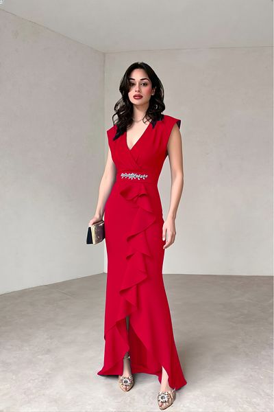 ALFUDO Moda Collection Women's Scuba Crepe Fabric Double Breasted Collar Skirt Flounced Evening Dress Graduation Wedding Dress