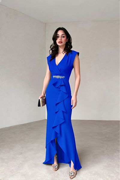 ALFUDO Moda Collection Women's Scuba Crepe Fabric Double Breasted Collar Skirt Flounced Belt T-Shirt Sax Evening Dress Graduation Wedding Dress
