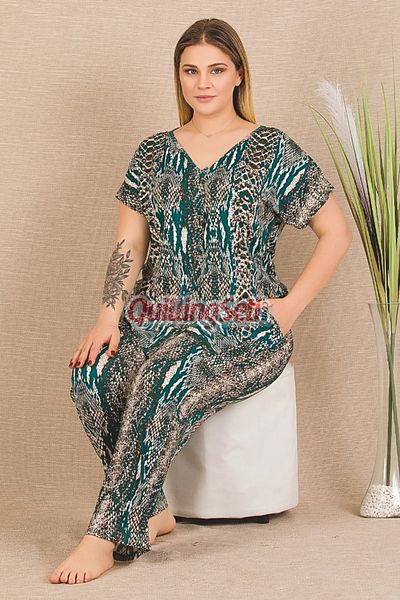 quilling Green - Black Color and Patterned 11030 Short Sleeve Shirt Collar Women's Plus Size Mother Pajamas Set