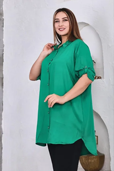Sevda Kılınç Large Size Plain Woven Viscose Shirt