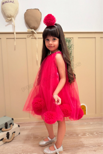 penu baby kids Fuşya Kolsuz Etek Ucu Ponponlu Ve Ponpon Taçlı Kız Bebek & Kız Çocuk Elbise - Lara