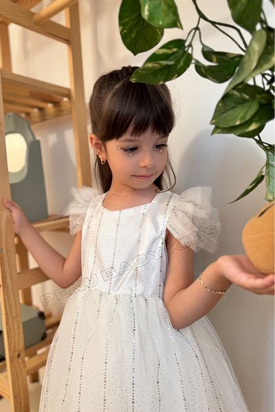 penu baby kids Λευκό μισό μανίκι στάμπα ριγέ τούλι Κοριτσίστικο φόρεμα για κορίτσια