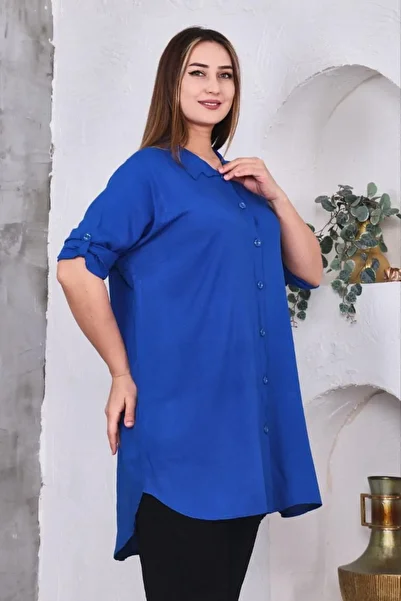 Sevda Kılınç Large Size Plain Woven Viscose Shirt